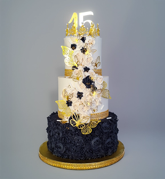 15 AÑOS BLANCO Y NEGRO dorado 3 Pisos flores mariposas corona cinta