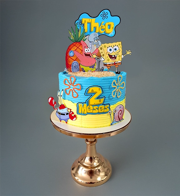 Théo 2 meses Bob Esponja y Patricio Azul amarillo Don Cangrejo Calamardo Areña